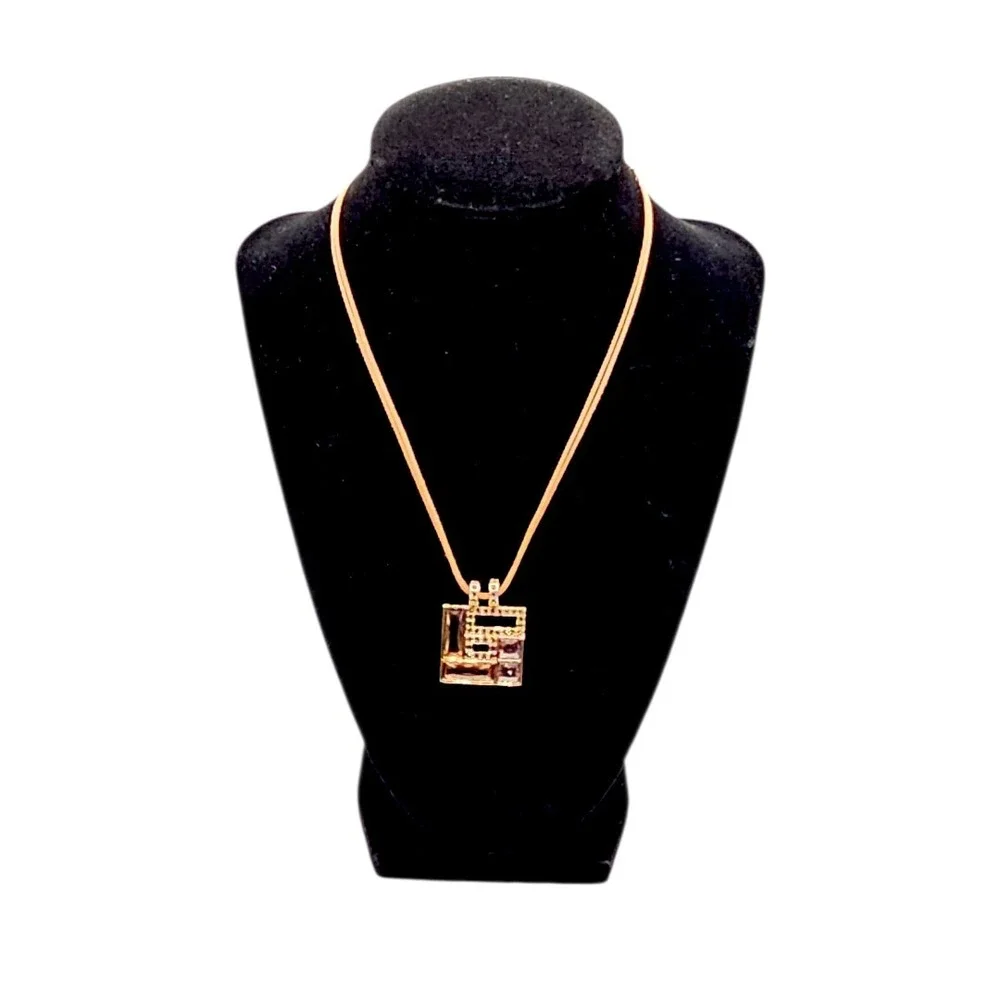 Swarovski Ilori Rose Gold Brown Pink Square‎ Crystal Pendant 18" Cord Necklace - Picture 3 of 13